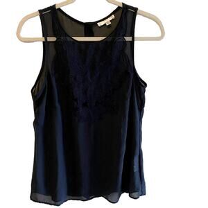 Kenar Navy Blue Sleeveless Sheer Round Neck Embroidered Blouse Size M